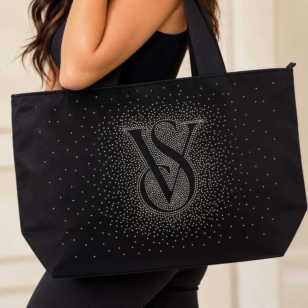 Victoria's Secret Sparkle Tote Bag Black Rhinestone Logo